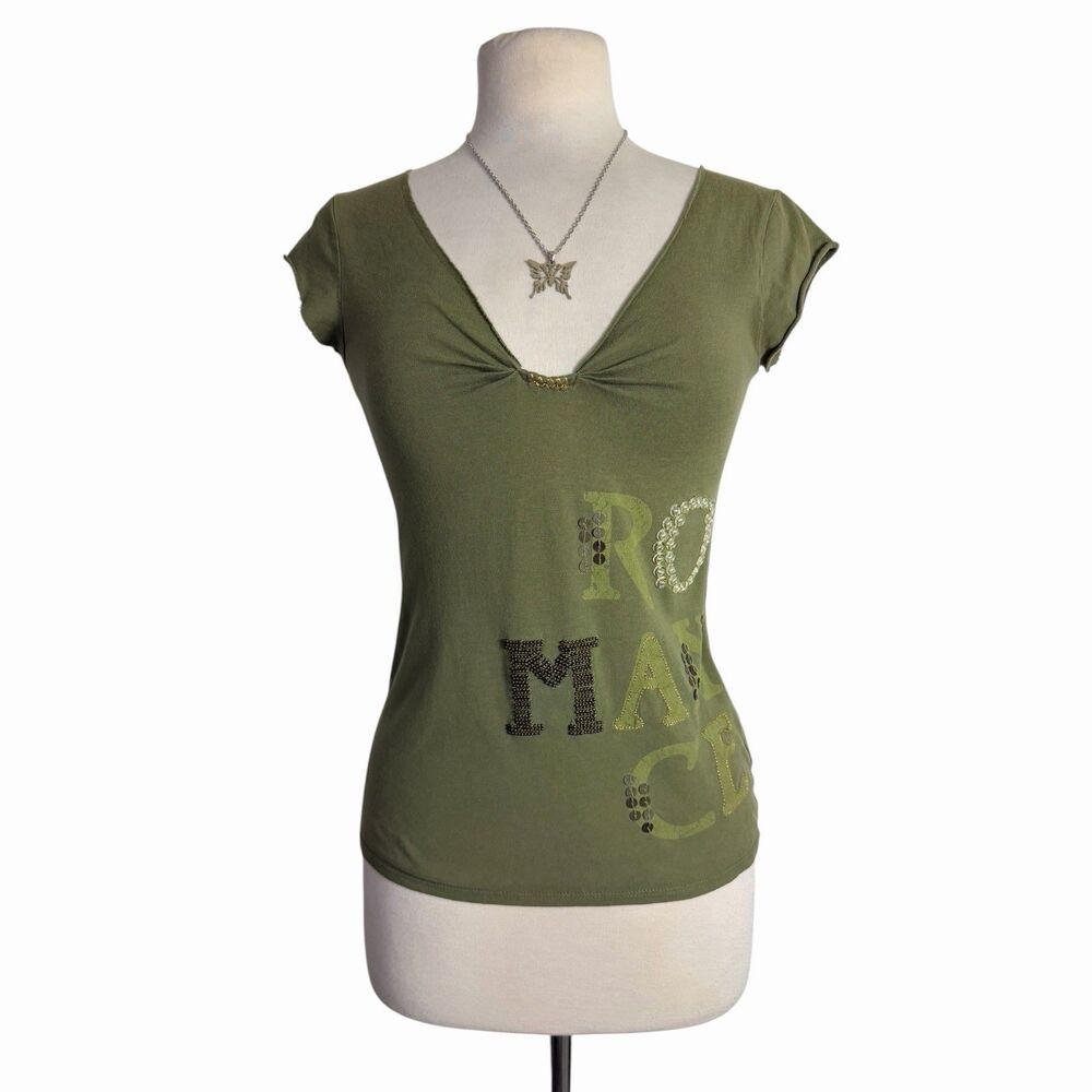 Olive Green Y2K Fairy Grunge Baby Tee Beaded Graphic Cap Sleeve Top Small